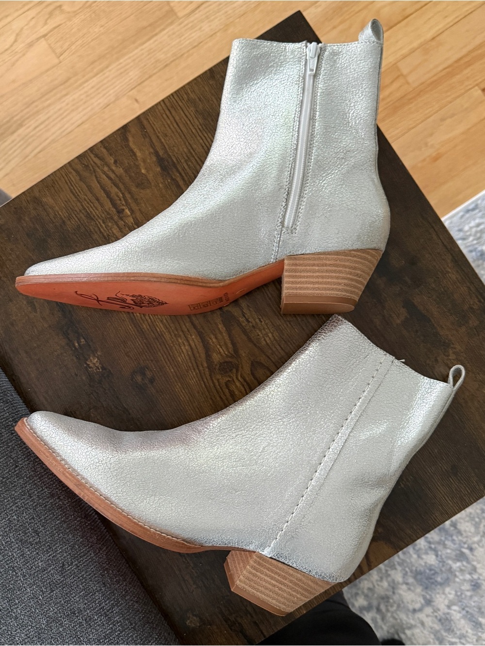 Free People Bowers Metallic Silver Booties Size 8 NWOT Embroidered Sole $198